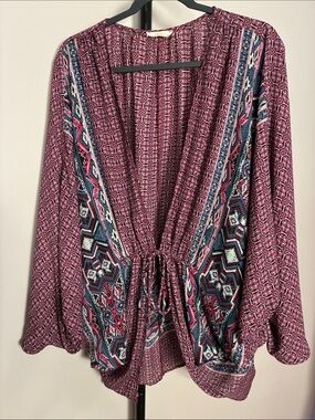 Hummingbird Plum Boho Tie-Front Tunic Cocoon Kimono Tunic Medium like one size